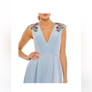 Mac Duggal French Blue Maxi Dress with Floral Accents